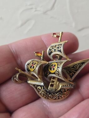 Vtg. Sailship Pin, Multicolor, Ornate.